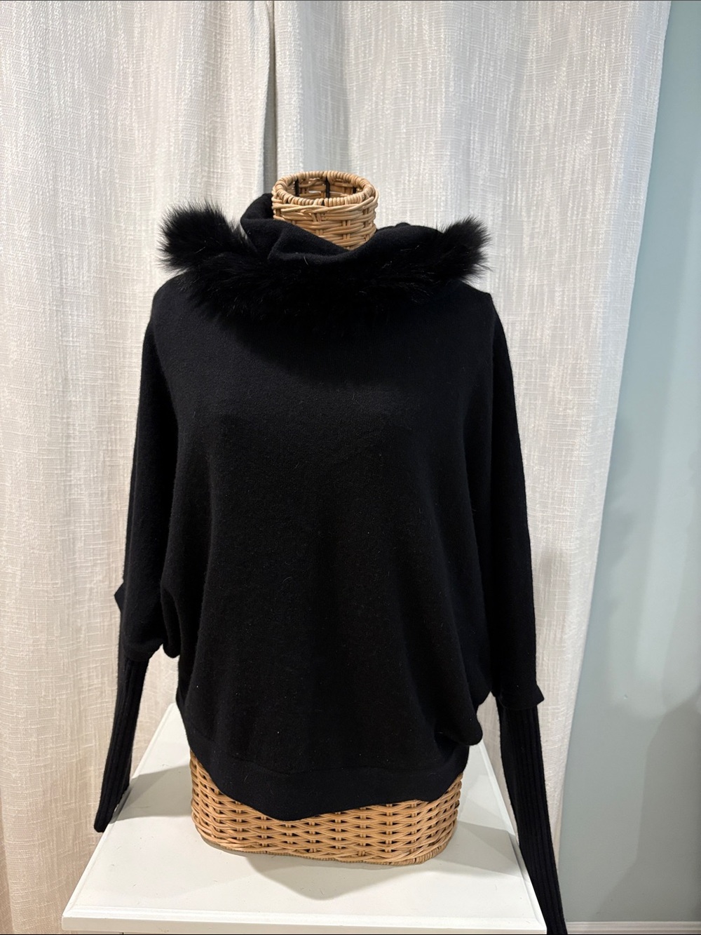 Sofia Cashmere Black Fur Trim Cowl Sweater